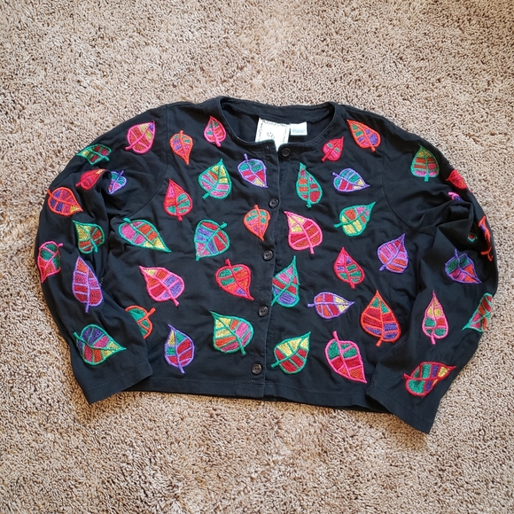 Michael Simon button front cardigan embroidered leaves multi color M - Picture 1 of 6